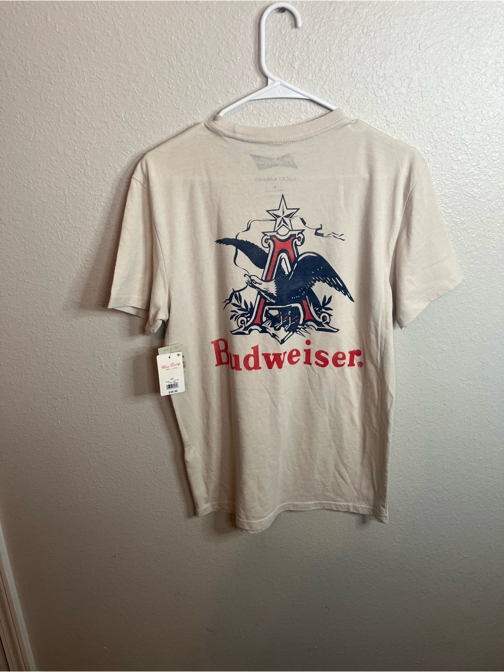 Lucky Brand Cream Short Sleeve Tee with Blue and Red 'Bud' Graphic - Picture 6 of 6